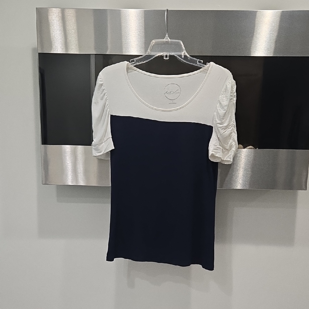 INC International Concepts Navy and White Short Sleeve Colorblock Tee